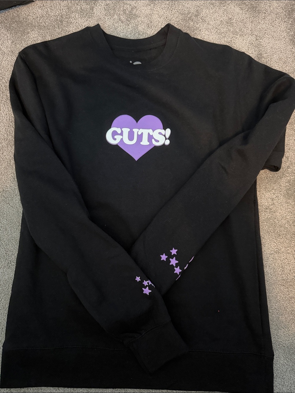 Olivia Rodrigo Black Sweatshirt with Purple Heart 'GUTS!' Graphic